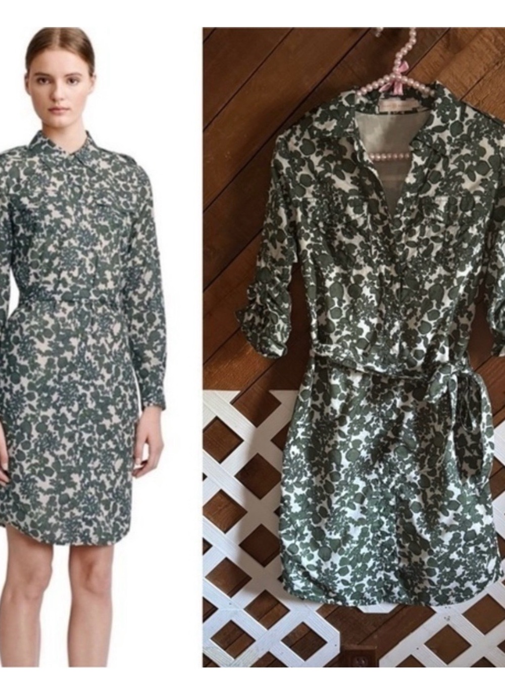 Tory Burch Green and White Floral Shirt Dress with Tie Waist